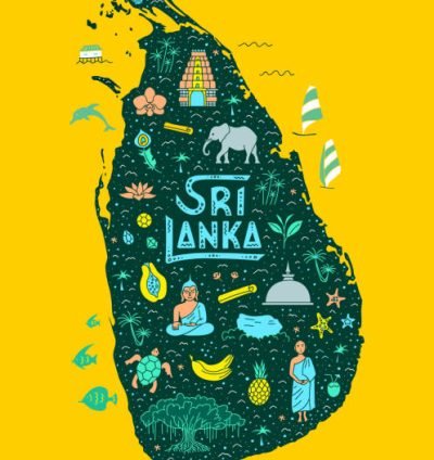 Travel map of Sri Lanka hand-drawn in doodle style. The main symbols and attractions of the country with lettering. Vector illustration in Scandinavian style. Poster with landmarks.