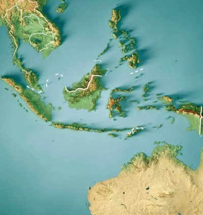 3D Render of a Topographic Map of Indonesia. Version with Country Boundaries.
All source data is in the public domain.
Color texture: Made with Natural Earth. 
http://www.naturalearthdata.com/downloads/10m-raster-data/10m-cross-blend-hypso/
Relief texture: GMTED2010 data courtesy of USGS. URL of source image: https://topotools.cr.usgs.gov/gmted_viewer/viewer.htm 
Water texture: HIU World Water Body Limits: http://geonode.state.gov/layers/?limit=100&offset=0&title__icontains=World%20Water%20Body%20Limits%20Detailed%202017Mar30